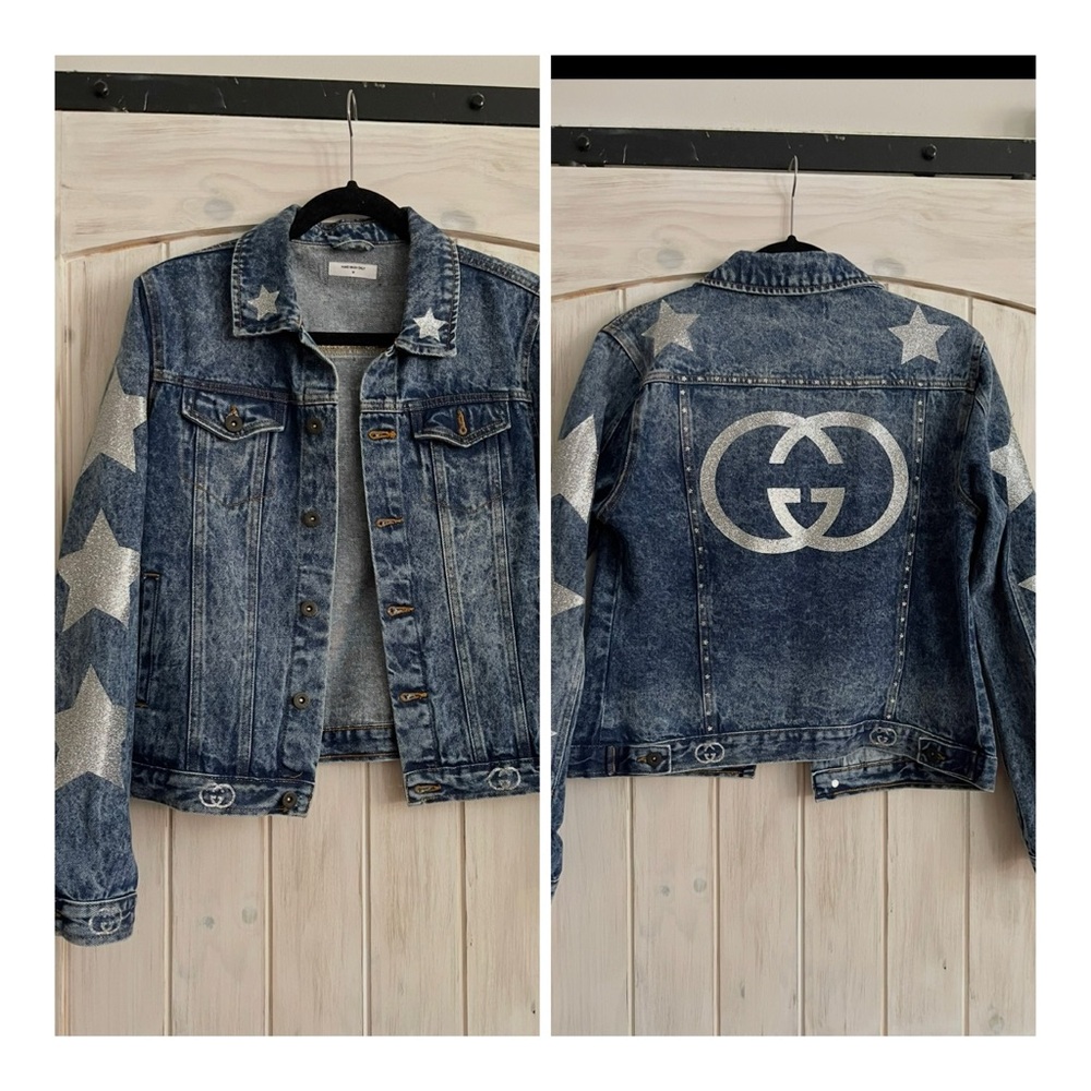 VINTAGE Blue Denim Jean Jacket with Silver Glitter Stars- Medium